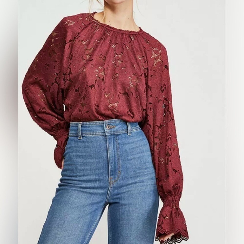 Free People‎ Lace Blouse Women Medium Burgundy Floral Long Sleeve OB1037937